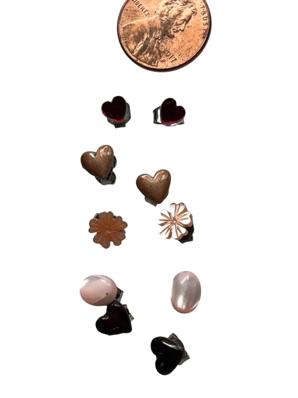 Set Of 5 Pairs Earrings - Floral Hearts & Pearl Designs In Pink Silver & Gold